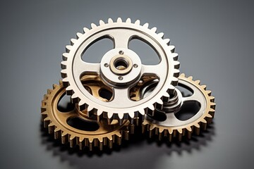Fototapeta na wymiar Three metallic gears on a simple backdrop