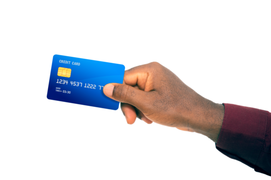 Black hand in red wine long sleeve shirt holding generic ATM card isolated on transparent background. male hand holding card, Card template