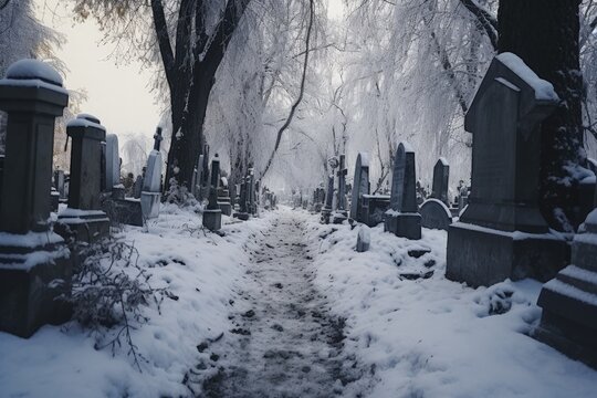 The snow has fully coated the cemetery road and graves