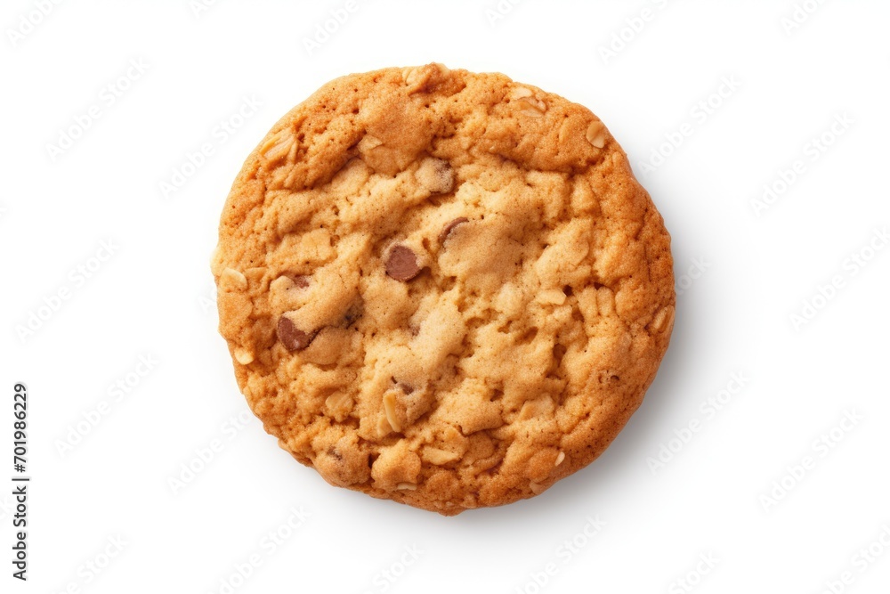 Canvas Prints top view of a white background with an isolated oatmeal cookie and crumbs