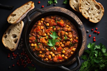 Top view of a healthy vegetarian chili in an iron pan with grilled bread on a gray background