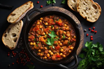 Fotobehang Top view of a healthy vegetarian chili in an iron pan with grilled bread on a gray background © The Big L