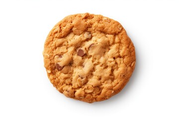 Top view of a white background with an isolated oatmeal cookie and crumbs