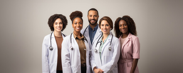 group of five African American healthcare professionals in white coats with stethoscopes, displaying confidence and camaraderie against a neutral background.