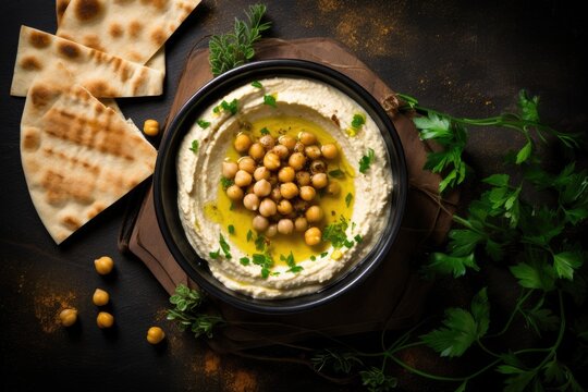 Top View Of A Rustic Metal Background With A Homemade Hummus Bowl Adorned With Boiled Chickpeas Herbs Pita And Olive Oil