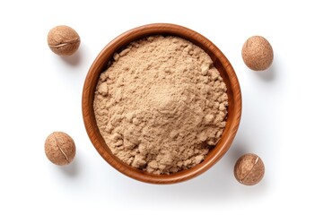 Top view of nutmeg powder on white background