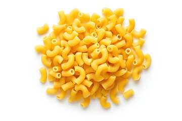 Top view of raw macaroni pasta on white background with clipping path and full depth of field