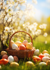 lots of colorful easter eggs in a basket on the meadow