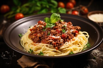 Top view of spaghetti pasta with bolognese sauce and parmesan cheese