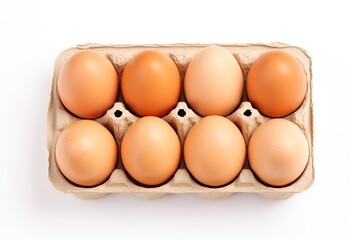 Top view of white egg box with brown chicken eggs isolated on white background