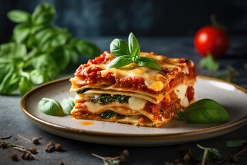 Vegetarian lasagna made from scratch served with tomatoes and spinach on a concrete plate