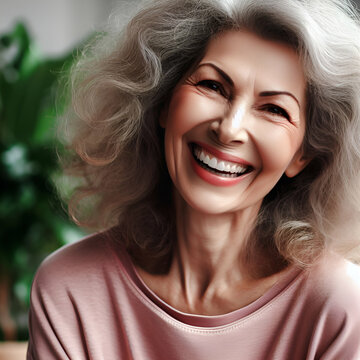 Close-Up Portrait of a Stylish Kind Happy Old Mature Middle Aged Senior Woman with Gray and White Hair & Eyebrow Highlighter Makeup, and Lipstick Smiling, Confident, and Laughing Looking at the Camera