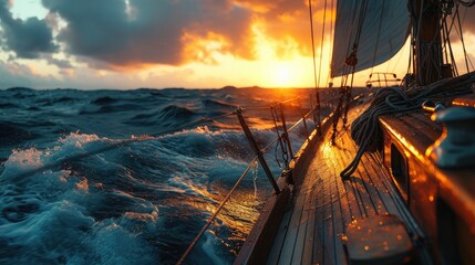 medium close-up shot, wide angle lens, rainy stormy seas from a sailing yacht at sunset
