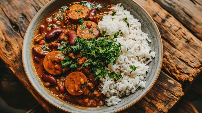 aerial view of sausage, red beans and rice in a bowl, comfort food