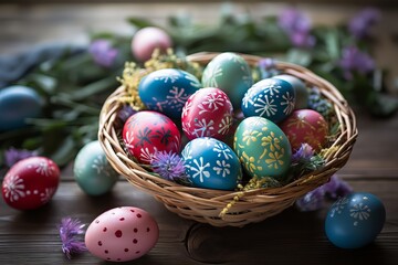 Fototapeta premium Easter eggs lie in a basket on the table. Nearby are flowers and a willow branch