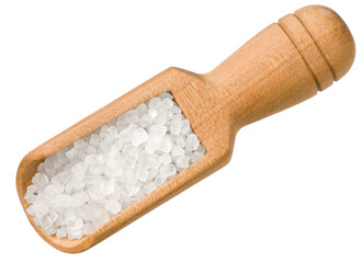 grain salt in the wooden scoop, isolated on white background, top view.