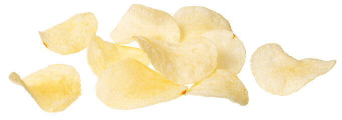 Heap of potato chips isolated on white background.