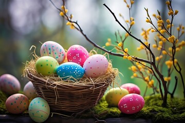 Easter eggs lie in a basket on the table. Nearby are flowers and a willow branch