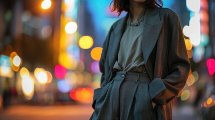 An edgy and elevated street style ensemble, featuring an oversized grey blazer layered over a basic neutral tee and paired with wideleg trousers.