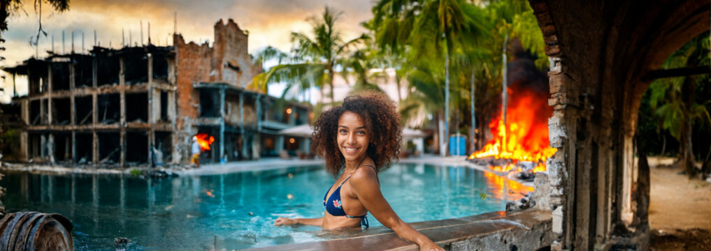 brazen social media influencer, young attractive woman, posing in the swimming pool despite disaster, fictional location