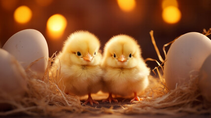 Easter Symbolism, two adorable yellow chicks with eggs on warm background. Heartwarming scene birth and renewal, themes of Easter celebration. Springtime Chicks