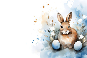 Easter bunny with easter eggs, blue and brown colors, watercolor card - obrazy, fototapety, plakaty