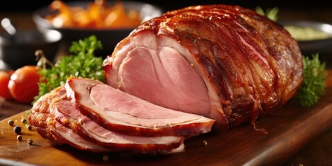 A tantalizing shot of a spiral ham, meticulously seasoned and slowcooked to produce an irresistibly moist and flavorful centerpiece that will steal the show at any Christmas feast. - obrazy, fototapety, plakaty