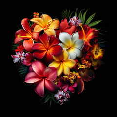Tropical flowers arranged in the shape of a heart