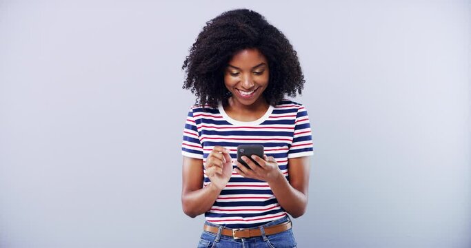 Black Woman, Typing On Smartphone And Smile In Studio Isolated On White Background Mockup Space. Portrait, Phone Or Happy African Person Scroll On Mobile App, Email Or Search Internet On Social Media