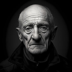 A dramatic black and white portrait of an elderly person.