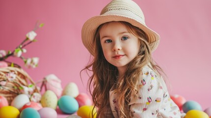 Cute Little Girl with Easter Concept on a Flat Background