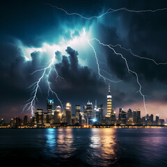 A dramatic lightning storm over a city skyline.