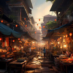 Fototapeta na wymiar A bustling Asian street market with colorful lanterns.