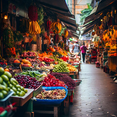 Fototapeta na wymiar A bustling food market with colorful displays.