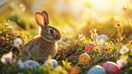 Fototapeta na wymiar Easter Bunny Rabbit and Eggs amidst Scenic Beauty