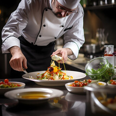 Obraz na płótnie Canvas A close-up of a chef's hands preparing a gourmet dish.