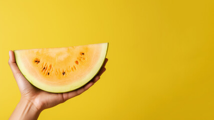 Hand holding yellow watermelon fruit isolated on pastel background