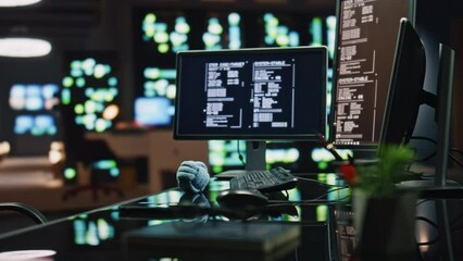 Two monitors data software workplace at night office closeup. No people interior - Powered by Adobe