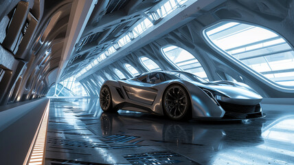 A silver supercar with a unique, angular design parked in a futuristic, high-tech facility