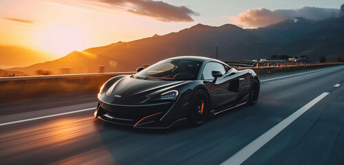 A sleek black supercar speeding down an open highway with mountains in the background, sun setting...