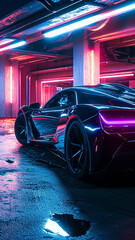 A sleek onyx supercar with glowing blue lines, parked in a neon-lit underground garage