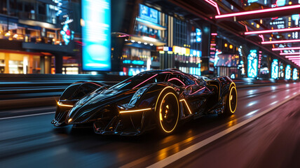 A sleek supercar with an electric glow, racing down a futuristic highway with holographic signs