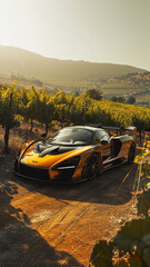 A sun-kissed bronze supercar parked in a vineyard, rolling hills and grapes in the background