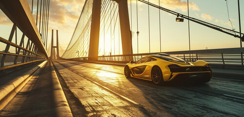 A sunburst yellow supercar crossing a long suspension bridge at dawn