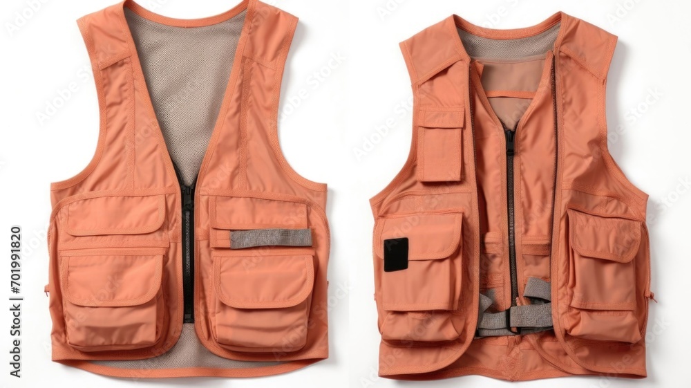 Poster minimalistic view of a peach fuzz utility vest, featuring numerous pockets for storing essentials an