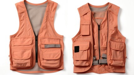 Minimalistic view of a Peach Fuzz utility vest, featuring numerous pockets for storing essentials and completing your safari look. - obrazy, fototapety, plakaty