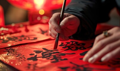 Calligraphy artist hands writing on red paper for Chinese New Year — Generative AI - obrazy, fototapety, plakaty