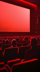 Obraz premium Cinema Experience Blank Wide Screen with Red Chairs and Blurred Silhouettes of Audience in a Movie Hall