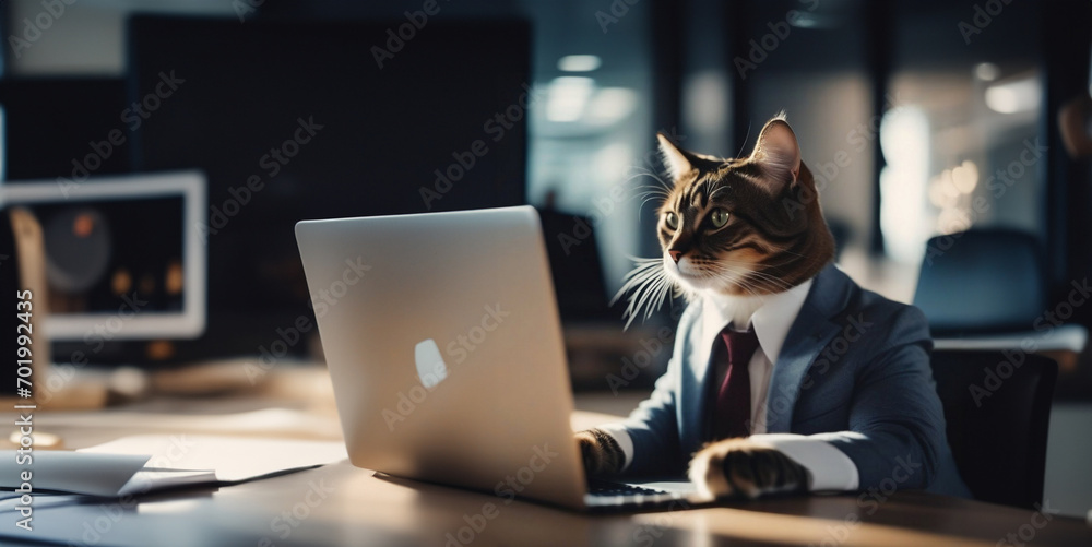 Wall mural cat businessman works in business clothes in the office on a laptop on a chair.