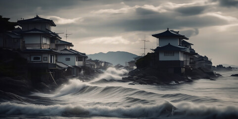 tsunami and flood in the city, flooding of the eastern city - obrazy, fototapety, plakaty